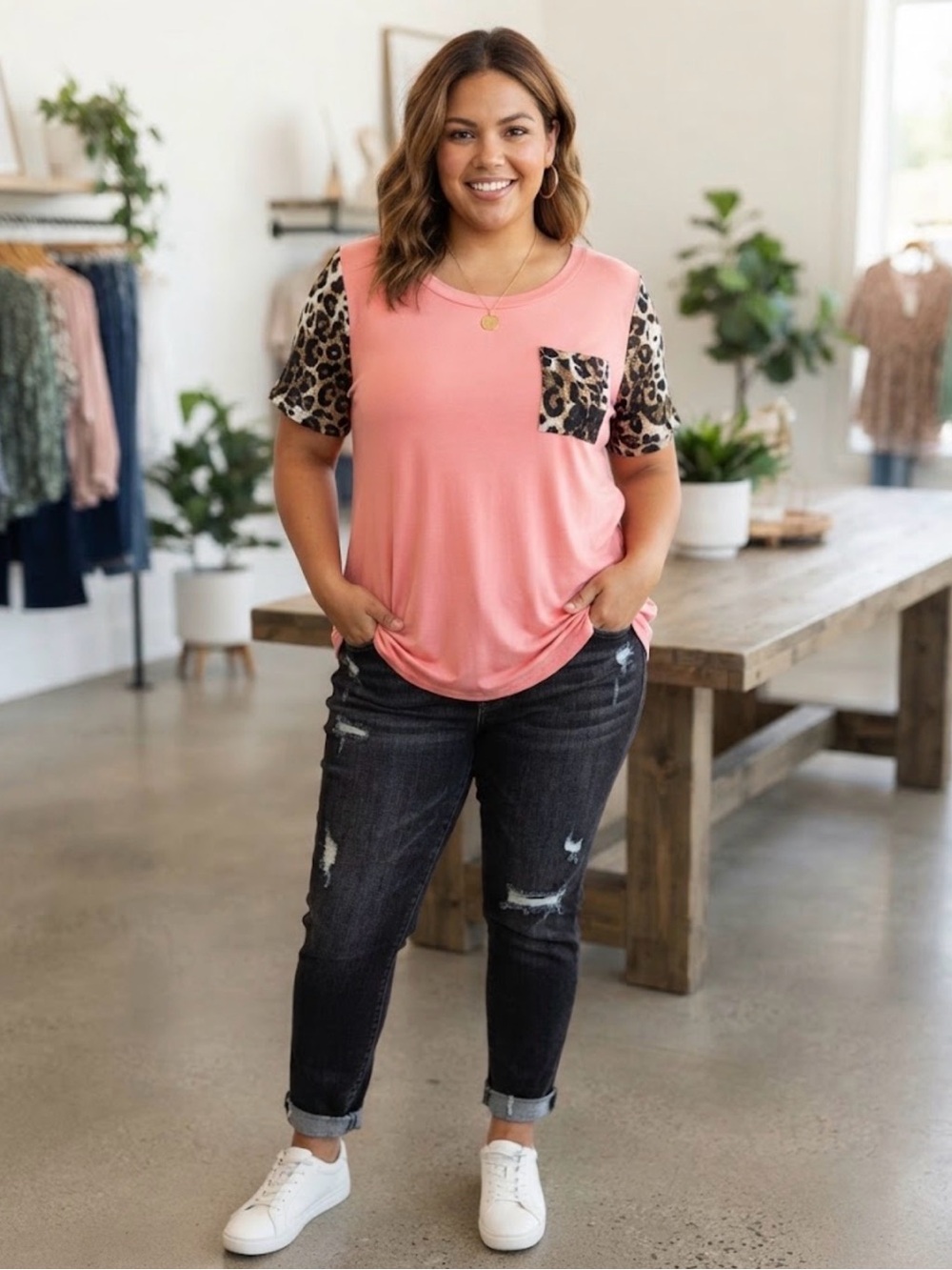 Plus Size Short Sleeve Blouse Coral Pink Leopard Print Pocket Scoop Top Size XXL